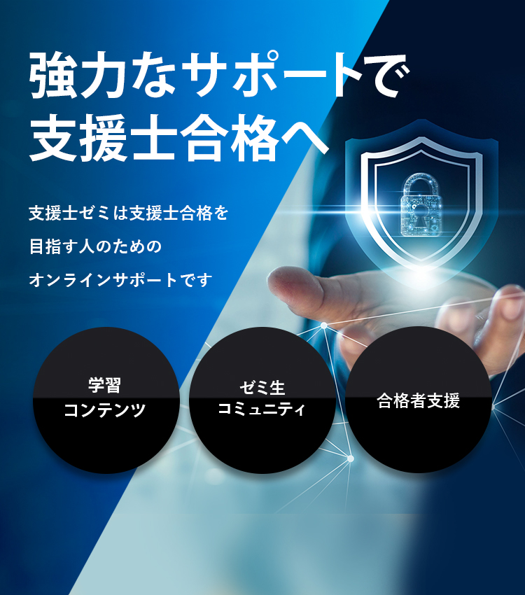 強力なサポートで支援士合格へ　支援士ゼミは支援士合格を目指す人のためのオンラインサポートです　学習コンテンツ、ゼミ生コミュニティ、合格者支援