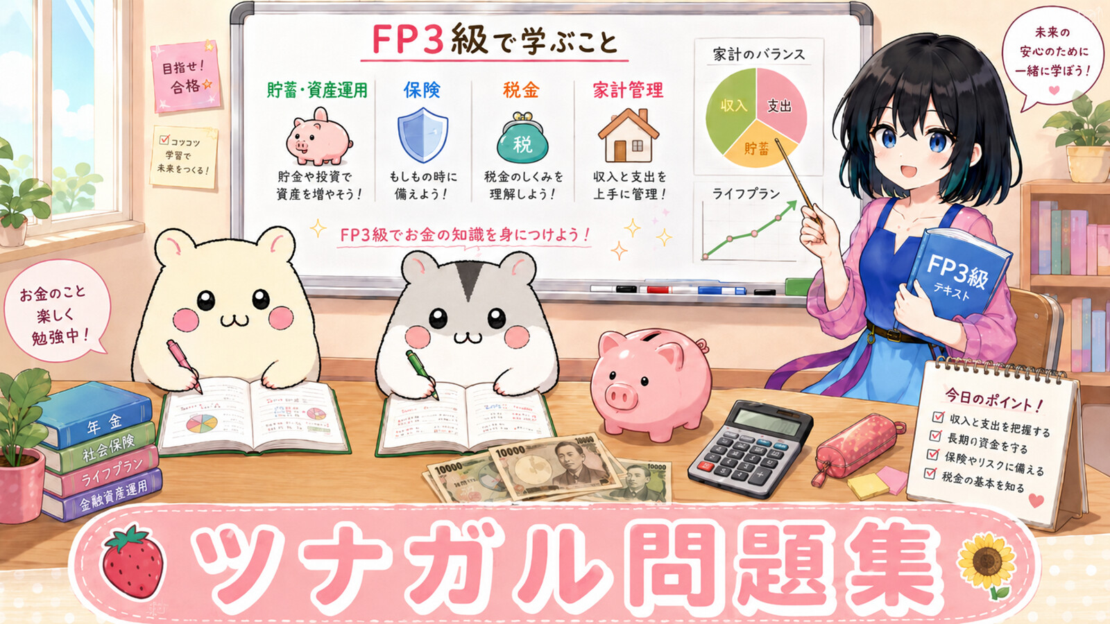 FP3級の学習に取り組むキャラクターたちを描いたツナガル問題集の案内