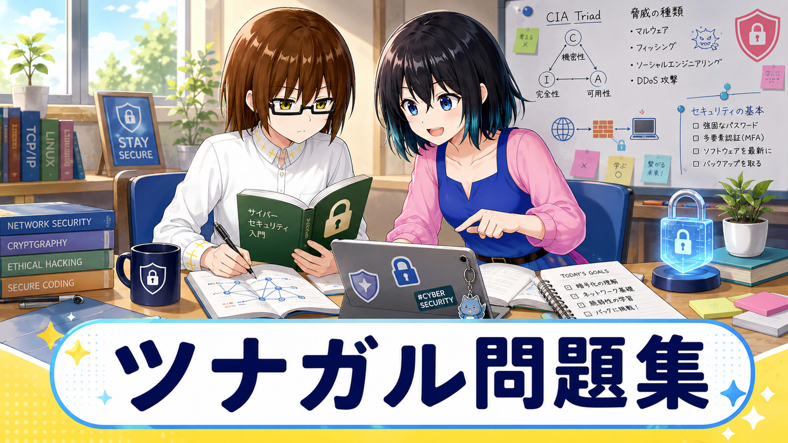 情報処理安全確保支援士試験の学習に取り組む二人を描いたツナガル問題集の案内